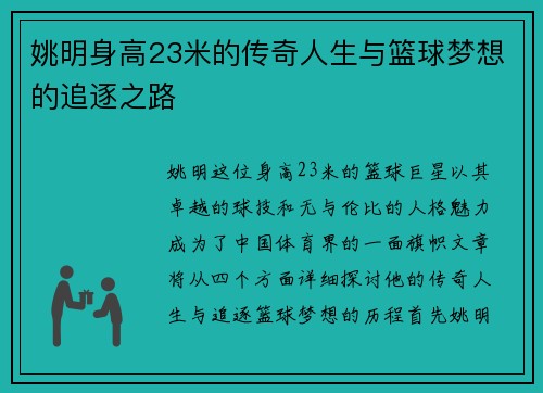 姚明身高23米的传奇人生与篮球梦想的追逐之路